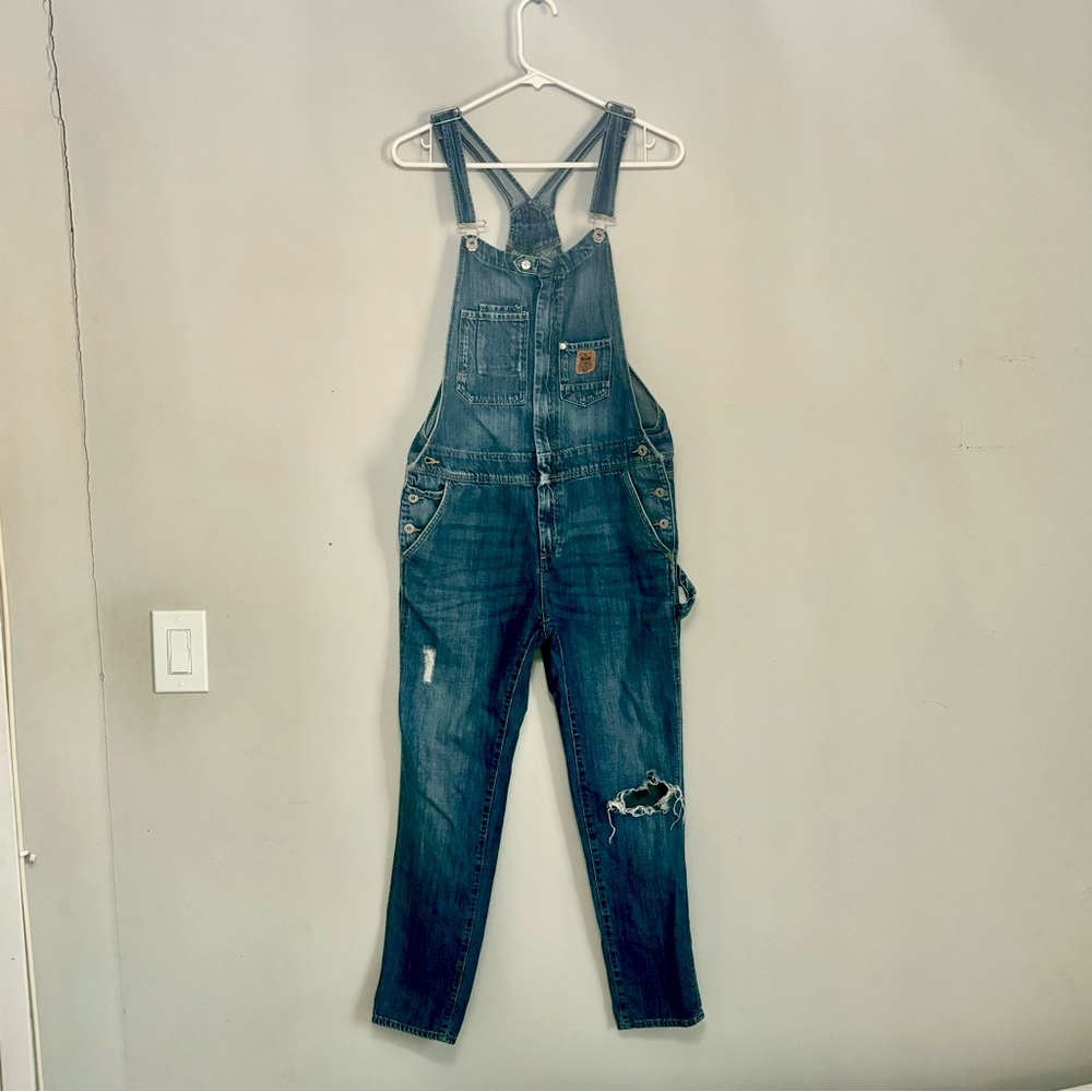 H&M Denim High Waisted Multi Pocket Front Zip Distressed Bib Overalls | 4